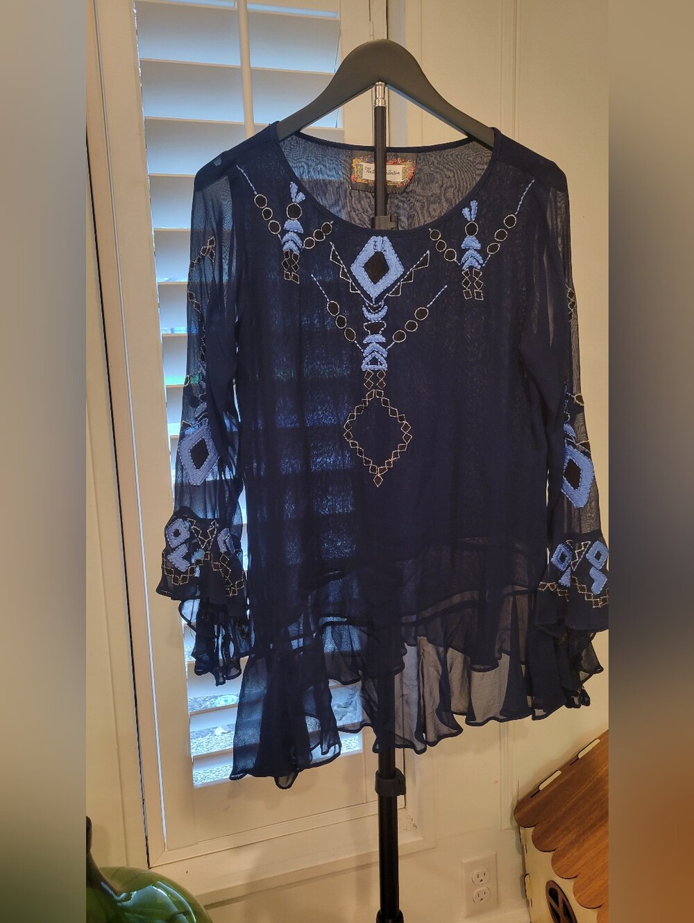 Vintage Collevtion Sheer Navy Embroidered Boho Blouse with Ruffle Hem - Women